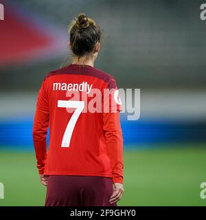 Thun, Switzerland. 13th Apr, 2021. Sandy Maendly (7 Switzerland) in action during the UEFA Womens Championship Qualifier Playoff game between Switzerland and Czech Republic at Stockhorn Arena in Thun, Switzerland. Credit: SPP Sport Press Photo. /Alamy Live News Stock Photo