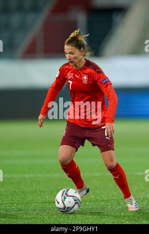 Thun, Switzerland. 13th Apr, 2021. Sandy Maendly (7 Switzerland) controls the ball (action) during the UEFA Womens Championship Qualifier Playoff game between Switzerland and Czech Republic at Stockhorn Arena in Thun, Switzerland. Credit: SPP Sport Press Photo. /Alamy Live News Stock Photo