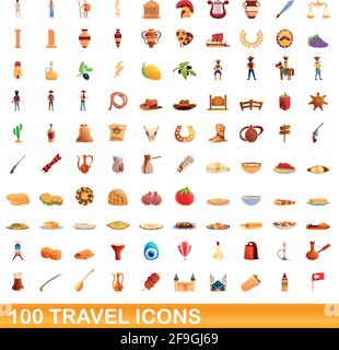 100 travel icons set. Cartoon illustration of 100 travel icons vector set isolated on white background Stock Vector