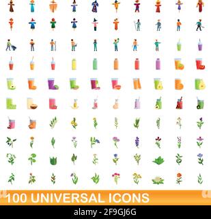 100 universal icons set. Cartoon illustration of 100 universal icons vector set isolated on white background Stock Vector
