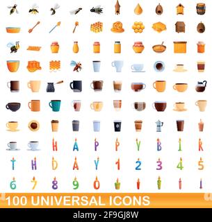 100 universal icons set. Cartoon illustration of 100 universal icons vector set isolated on white background Stock Vector