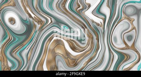Liquid marble agate, abstract white grey green turquoise marble agate granite, golden veins, kintsugi technique, abstract fluid stone texture, marbled Stock Photo