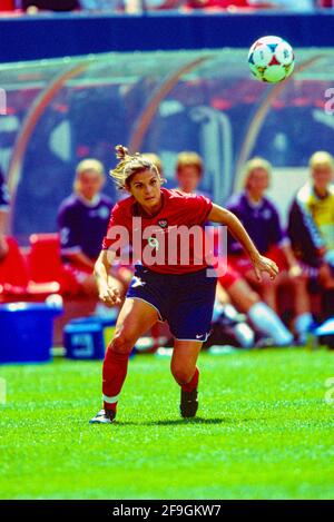 Mia Hamm, #9 (USA) competing at ther 1999 Women's World Cup Soccer. Stock Photo