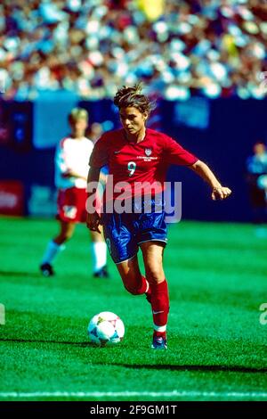 Mia Hamm, #9 (USA) competing at ther 1999 Women's World Cup Soccer. Stock Photo