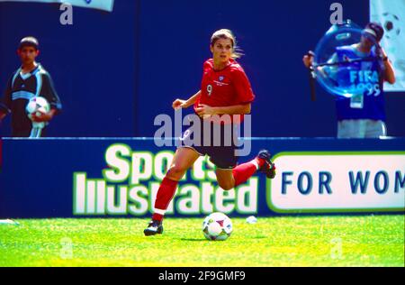 Mia Hamm, #9 (USA) competing at the 1999 Women's World Cup Soccer. Stock Photo