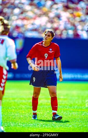 Mia Hamm, #9 (USA) competing at the 1999 Women's World Cup Soccer. Stock Photo