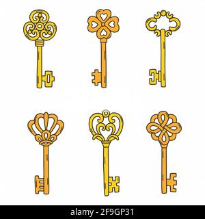 Old vintage key set, isolated, white background. Hand drawing doodle ...