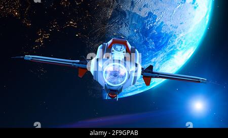 Spaceship in Earth orbit. Exploration of planets. Sci-fi. Conquer new worlds. Technological innovation and intergalactic travel Stock Photo