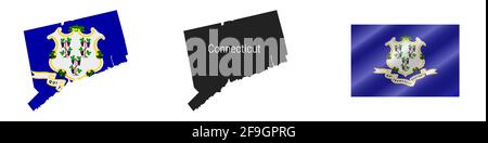 Connecticut US state map with masked flag. Detailed silhouette. Waving flag. Vector illustration isolated on white. Stock Vector