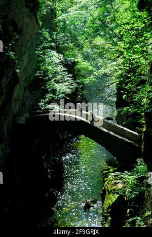 Stone arch bridge, Gorges l'Areuse, Neuenburg Jura, Areuse gorge, near Saut de Brot, near Neuchatel, Switzerland Stock Photo