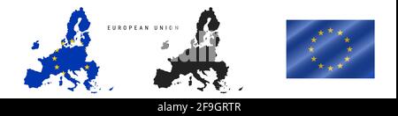 European Union map with masked flag. Detailed silhouette. Waving flag. Vector illustration isolated on white. Stock Vector