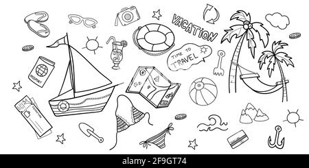 Beach theme doodle set. seaside sport activities Stock Vector