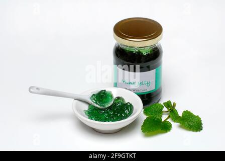 Peppermint jelly in shell and jar, peppermint jelly, jam, jelly, mint jelly Stock Photo