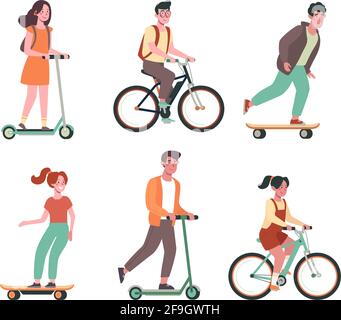 Children ride bicycles, skateboards, scooters. Flat vector collection with childs on electric transport..Kids, boys and girls ride. Colorful illustration in cartoon style isolated on white background Stock Vector