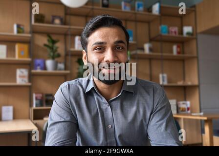 Webcam view of executive manager businessman having videocall with employees. Stock Photo