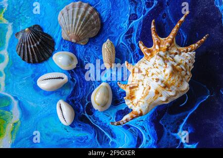 Seashells on a bright background. Acrylic Pouring Stock Photo