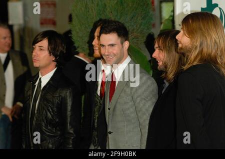 Matt Flynn, Jesse Carmichael, singer Adam Levine, Mickey Madden and James Valentine of band Maroon 5 attends arrivals for Global Green USA Pre-Oscar Celebration to Benefit Global Warming  at The Avalon on February 21, 2007 in Hollywood, California.. Stock Photo