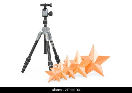 Rating of tripod concept. Tripod for camera or camcorder with five golden stars, 3D rendering isolated on white background Stock Photo