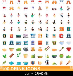 100 drink icons set. Cartoon illustration of 100 drink icons vector set isolated on white background Stock Vector