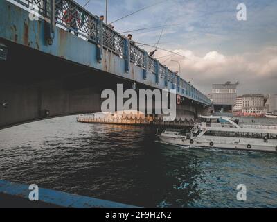 ISTANBUL, TURKEY - Mar 07, 2020: Galata bridge in Istanbul. People fishing.Marmara sea. Blue sky. Spring Stock Photo