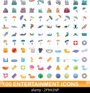 100 entertainment icons set. Cartoon illustration of 100 entertainment icons vector set isolated on white background Stock Vector