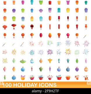 100 holiday icons set. Cartoon illustration of 100 holiday icons vector set isolated on white background Stock Vector