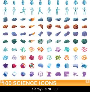 100 science icons set. Cartoon illustration of 100 science icons vector set isolated on white background Stock Vector