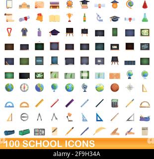100 school icons set. Cartoon illustration of 100 school icons vector set isolated on white background Stock Vector