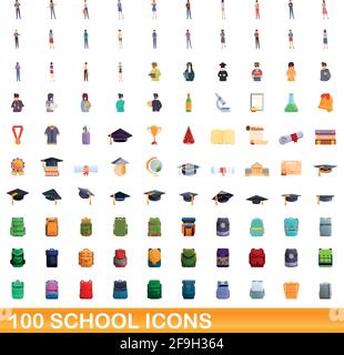 100 school icons set. Cartoon illustration of 100 school icons vector set isolated on white background Stock Vector