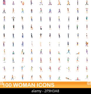 100 woman icons set. Cartoon illustration of 100 woman icons vector set isolated on white background Stock Vector