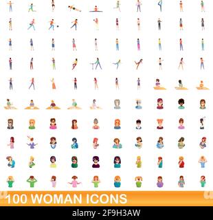 100 woman icons set. Cartoon illustration of 100 woman icons vector set isolated on white background Stock Vector