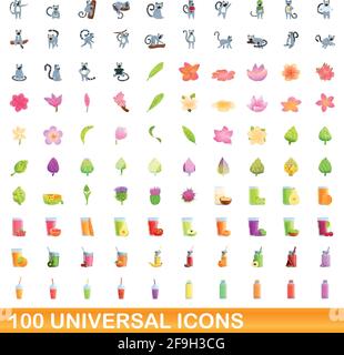 100 universal icons set. Cartoon illustration of 100 universal icons vector set isolated on white background Stock Vector