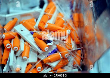 Inside view of a clinical waste container, medical safety box for bio-hazard medical contaminated clinical wastes. Disposal container for Infectious w Stock Photo