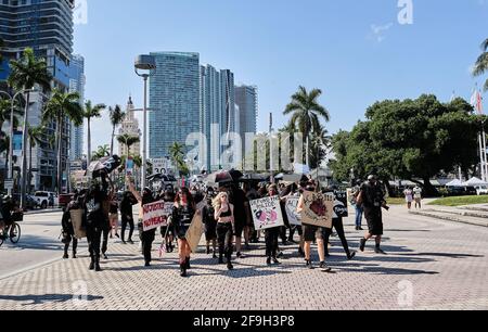 MIAMI, Florida, USA. 18th Apr, 2021. A few dozens of people march during a demonstration in Miami, on April 18, 2021, as part of the protests against racism and police brutality sparkled by the killing of DAUNTE WRIGHT in Minneapolis. Credit: Carlos Escalona/ZUMA Wire/Alamy Live News Stock Photo