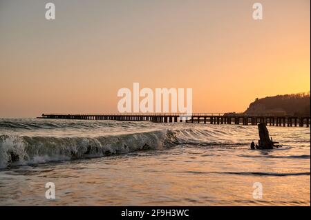 tree stump in the black sea on the shore against the backdrop of the pier and sunset in the evening Stock Photo