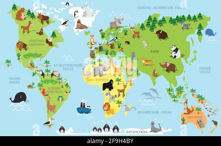 Funny cartoon world map in russian with traditional animals of all the continents and oceans. Vector illustration for preschool education and kids des Stock Vector