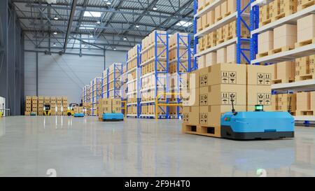 Robots efficiently sorting hundreds of parcels per hour,pallet lifter AGV.3d rendering Stock Photo