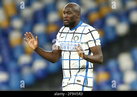 Inter's Belgian striker Romelu Lukaku gesticulate during the Serie A football match between SSC Napoli and Inter at the Diego Armando Maradona Stadium, Naples, Italy, on 18 April  2021 Stock Photo
