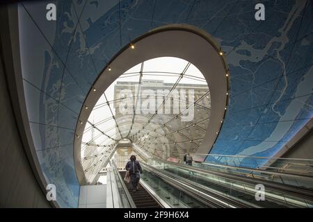 Looking east up the escalators at the new entrance off 7th Avenue to Penn Station and connection to the Moynihan Train Hall. New York City. Stock Photo