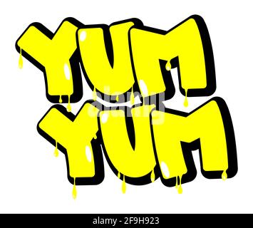 Yum Yum Comic book style text. Delicious food and tasty snack, satisfaction experience related words, isolated on white background. Cartoon vector ill Stock Vector