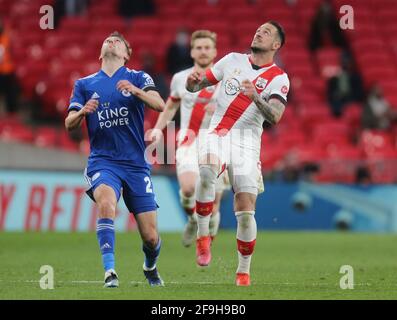 London, UK. 18th Apr, 2021. LONDON, United Kingdom, APRIL 18: L-R Leicester City's Timothy Castagne and Southampton's Danny Ings during Emirates FA Cup Semi-Final between Leicester City and Southampton at Wembley stadium, London on 18th April 2021 Credit: Action Foto Sport/Alamy Live News Stock Photo