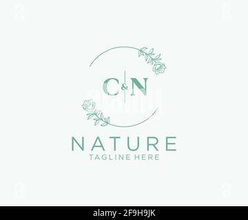 CN letters Botanical feminine logo template floral, editable premade monoline logo suitable, Luxury feminine wedding branding, corporate. Stock Vector