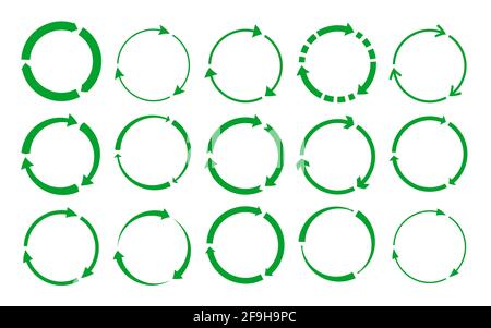 Green silhouette round recycle icons set. Rotate circle arrows symbols. Eco rotation, infographics element for website, apps. Logo for using recycled resources. Isolated on white vector illustration Stock Vector