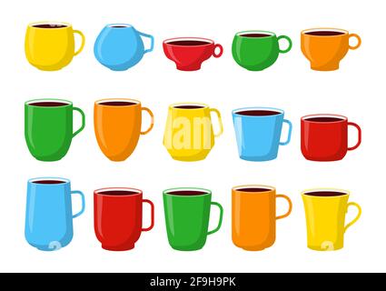Colored cups mockup filled coffee. Different shape and color tea mugs red, green, yellow template for design logo for shop. Simple Cup cartoon style with space. Isolated on white vector illustration Stock Vector