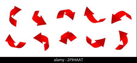 Gradient red curved arrows 3d set. Icons of cursor or direction. Realistic arrow twisted in various directions. Infographic object a pointer sign. Rounded navigation. Isolated vector illustration Stock Vector