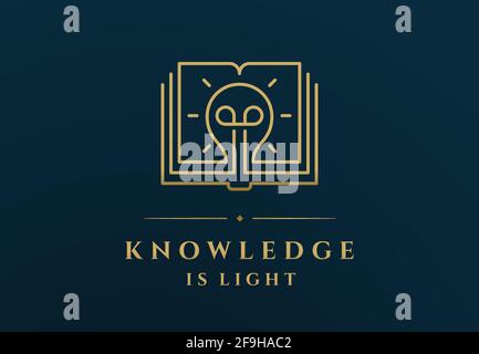 Linear golden book with light bulb depicted over Knowledge Is Light inscription on dark blue educational service banner Stock Vector