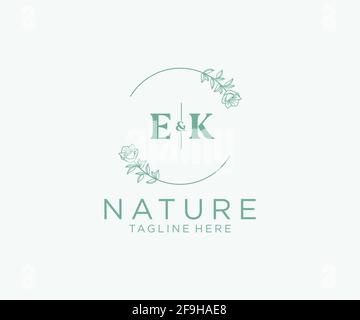 EK letters Botanical feminine logo template floral, editable premade monoline logo suitable, Luxury feminine wedding branding, corporate. Stock Vector
