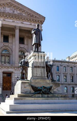 A statue of Indiana Governor Oliver P. Morton by sculptor Rudolf Schwarz stands outside the portico of the Indiana State Capitol in Indianapolis. Stock Photo