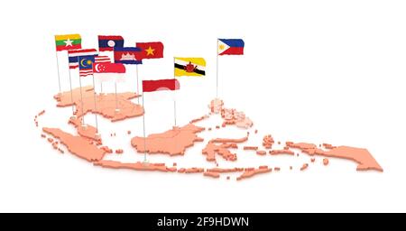 Asean union. South Asia countries map and flag 3D illustrations on a white background. Stock Photo