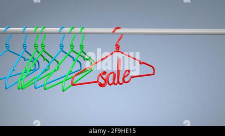 Hanger with the inscription SALE in red on a gray background. Copy space for text. 3d render. Stock Photo
